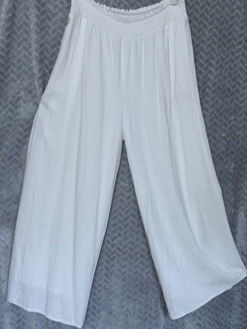 Caracilia Wide Leg Shirred Waist Linen Blend Pant in White Size M BOHO Coastal